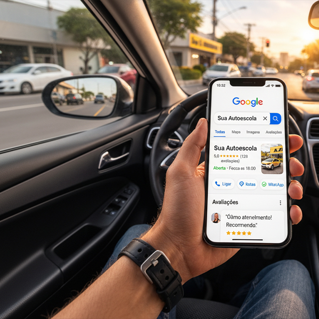 Aluno dirigindo com instrutor em auto escola moderna